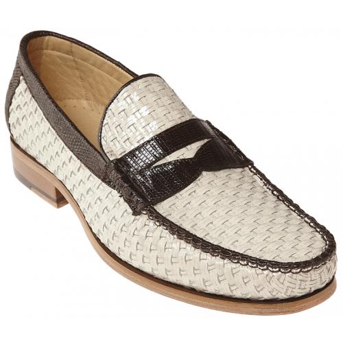 Belvedere "Franco" Ivory / Brown Genuine Lizard / Hand Woven Leather Loafer Shoes